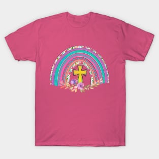 Bright colored Rainbow Spring Colors Flowers cross T-Shirt